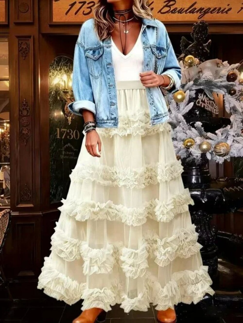 NEW! BOHO Tulle LAYERED Motif TIERED MAXI SKIRT SZ L